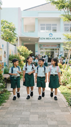 Siswa SDN Mekarjaya belajar dan berjalan bersama di lingkungan sekolah
